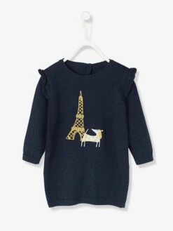 Baby Knitted Dress With Dog Embroidery - Dark Blue