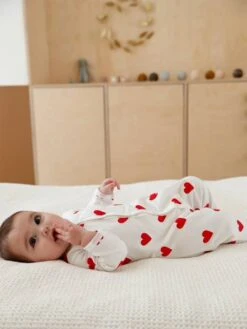Baby Sleepsuit With Hearts, In Fleece, Petit Bateau - White Light All Over Printed
