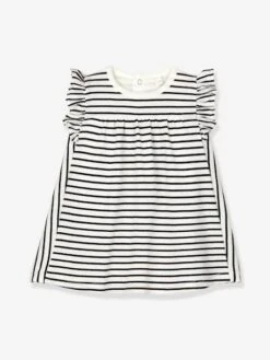 Bodysuit Dress With Sailor-Style Stripes, Organic Cotton, For Babies By PETIT BATEAU - White Medium Solid With Design