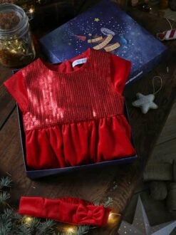 Christmas Gift Box, Sequinned Dress & Matching Headband For Babies - Red
