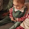 Christmas Gift Set For Babies: Velour Sleepsuit + Bib - Dark Green