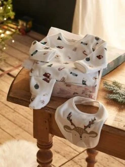 Christmas Gift Set For Babies: Velour Sleepsuit + Bib, Unisex - White/print