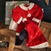 Christmas Gift Set For Babies: Velour Sleepsuit + Hat - Dark Red