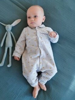 Cotton Flannel Sleepsuit For Babies - White Light Checks