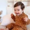 Cotton Sleepsuit With Front Opening For Baby Girls - Brown Medium All Over Printed