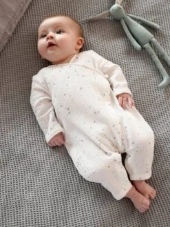 Crossover Sleepsuit In Cotton Gauze, For Babies - White/print