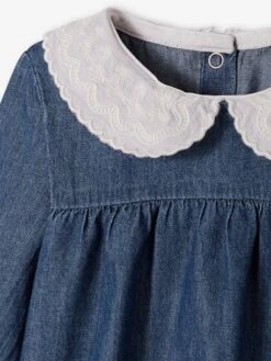 Denim Dress, Embroidered Voile Collar, For Babies - Stone -PETIT BATEAU Sales Store denim dress embroidered voile collar for babies 2