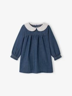 Denim Dress, Embroidered Voile Collar, For Babies - Stone