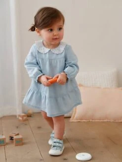 Denim Dress With Broderie Anglaise Collar For Babies - Blue Light Wasched