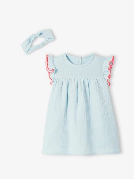 Dress & Headband With Bow, For Babies - Sky Blue 4 Dress & Headband With Bow, For Babies - Sky Blue - Image 2