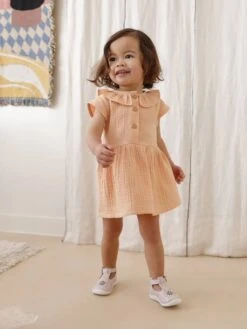 Dress In Cotton Gauze With Frilled Collar, For Babies - Orange -PETIT BATEAU Sales Store dress in cotton gauze with frilled collar for babies 7