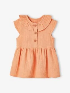 Dress In Cotton Gauze With Frilled Collar, For Babies - Orange -PETIT BATEAU Sales Store dress in cotton gauze with frilled collar for babies 8