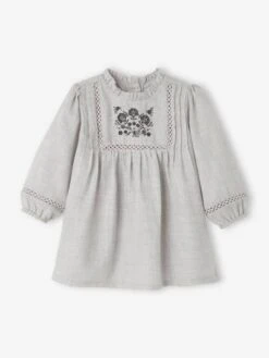 Dress With Embroidered Cravat For Babies - Grey Light Mixed Color