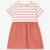 Dual Fabric Dress In Cotton Gauze And Thick Organic Jersey Knit For Babies, By PETIT BATEAU - Red Medium Solid With Desig -PETIT BATEAU Sales Store dual fabric dress in cotton gauze and thick organic jersey knit for babies by petit bateau