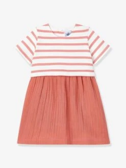 Dual Fabric Dress In Cotton Gauze And Thick Organic Jersey Knit For Babies, By PETIT BATEAU - Red Medium Solid With Desig