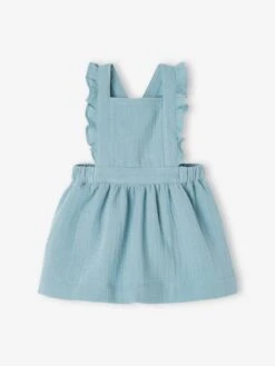 Dungaree Dress In Cotton Gauze, For Babies - Green Medium Solid -PETIT BATEAU Sales Store dungaree dress in cotton gauze for babies 4