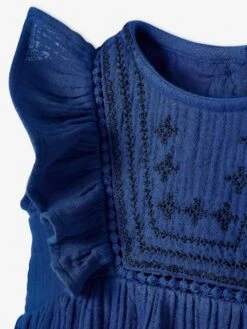 Embroidered Dress In Cotton Gauze, For Babies - Blue Bright Solid -PETIT BATEAU Sales Store embroidered dress in cotton gauze for babies 3