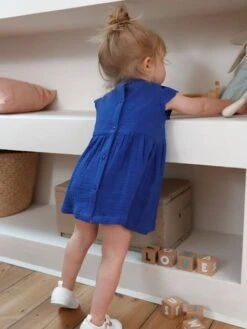 Embroidered Dress In Cotton Gauze, For Babies - Blue Bright Solid -PETIT BATEAU Sales Store embroidered dress in cotton gauze for babies 6