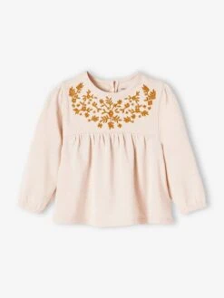 Embroidered Long Sleeve Top For Babies - Beige Light Solid With Design