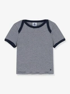 Fine Striped T-Shirt For Babies In Organic Cotton, By PETIT BATEAU - Blue Medium Striped