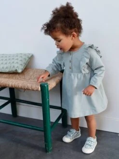 Fleece Dress, Broderie Anglaise Ruffle, For Babies - Grey Blue -PETIT BATEAU Sales Store fleece dress broderie anglaise ruffle for babies 13