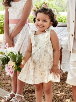 Floral Dress In Cotton Gauze For Babies - Ecru