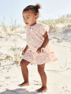 Floral Short Sleeve Dress For Babies - Ecru