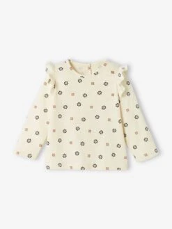 Floral Top With Ruffle, For Babies - Ecru