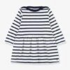 Iconic Long Sleeve Dress In Thick Organic Cotton Jersey Knit For Babies, By PETIT BATEAU - White Medium Striped -PETIT BATEAU Sales Store iconic long sleeve dress in thick organic cotton jersey knit for babies by petit bateau