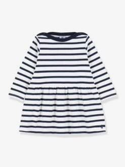 Iconic Long Sleeve Dress In Thick Organic Cotton Jersey Knit For Babies, By PETIT BATEAU - White Medium Striped