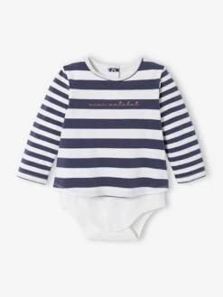 Long Sleeve Bodysuit Top In Stripes For Babies - Ecru