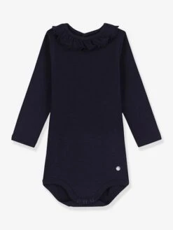 Long Sleeve Bodysuit With Frilled Collar For Babies - PETIT BATEAU - Navy Blue