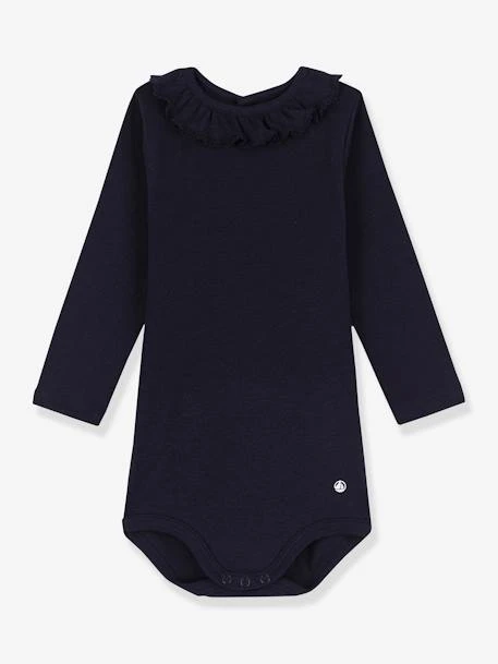 Long Sleeve Bodysuit With Frilled Collar For Babies - PETIT BATEAU - Navy Blue 3 Long Sleeve Bodysuit With Frilled Collar For Babies - PETIT BATEAU - Navy Blue