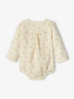 Long Sleeve Cotton Gauze Bodysuit, Flowers, For Newborn Babies - Ecru -PETIT BATEAU Sales Store long sleeve cotton gauze bodysuit flowers for newborn babies 2