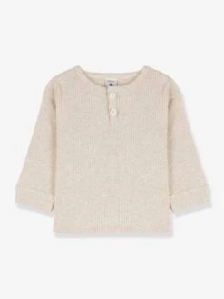 Long Sleeve Organic Cotton Top For Babies, By Petit Bateau - Marl Beige