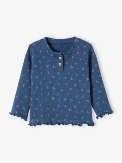Long Sleeve, Rib Knit Top For Babies - Blue Dark All Over Printed