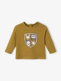 Long Sleeve Top With Emblem, For Babies - Beige Dark Solid With Design -PETIT BATEAU Sales Store long sleeve top with emblem for babies 1