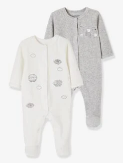 Pack Of 2 Baby Sleepsuits With Front Opening In Velour - White