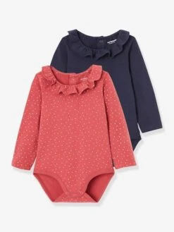 Pack Of 2 Bodysuits For Babies, Peter Pan Collar, Long Sleeves - Dark Pink/print