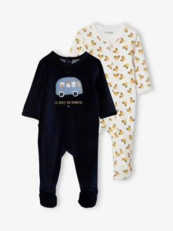 Pack Of 2 "Car Ride" Sleepsuits In Velour, For Baby Boys, Oeko Tex® - Blue Dark Two Color/multicol