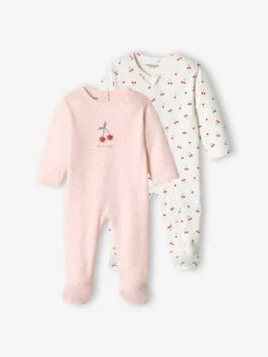 Pack Of 2 Cherry Sleepsuits In Interlock Fabric For Baby Girls - Pale Pink