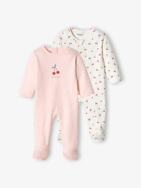 Pack Of 2 Cherry Sleepsuits In Interlock Fabric For Baby Girls - Pale Pink 3 Pack Of 2 Cherry Sleepsuits In Interlock Fabric For Baby Girls - Pale Pink