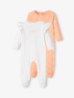 Pack Of 2 Flower Sleepsuits In Jersey Knit For Baby Girls - Peach