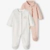 Pack Of 2 Heart Sleepsuits In Velour For Baby Girls - Pale Pink -PETIT BATEAU Sales Store pack of 2 heart sleepsuits in velour for baby girls
