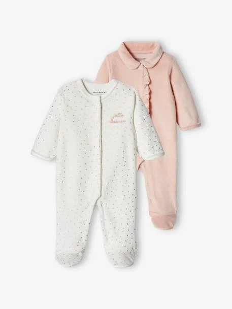 Pack Of 2 Heart Sleepsuits In Velour For Baby Girls - Pale Pink 3 Pack Of 2 Heart Sleepsuits In Velour For Baby Girls - Pale Pink