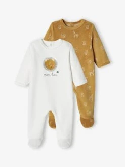Pack Of 2 Lion Sleepsuits In Velour For Baby Boys - Mustard
