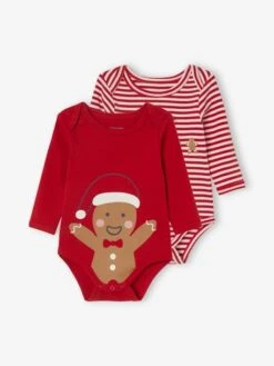 Pack Of 2 Long Sleeve Bodysuits With Cutaway Shoulders, For Babies - Red