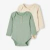 Pack Of 2 Long Sleeve Honeycomb Bodysuits For Babies - Green Medium 2 Color/multicolr -PETIT BATEAU Sales Store pack of 2 long sleeve honeycomb bodysuits for babies