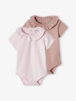 Pack Of 2 Short-Sleeved Bodysuits With Fancy Collar, For Babies - Soft Lilac