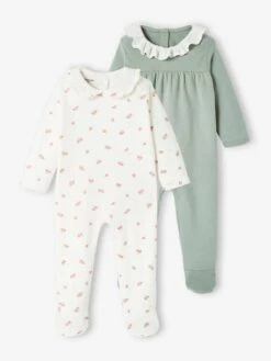 Pack Of 2 Sleepsuits In Interlock Fabric, Collar In Cotton Gauze, For Baby Girls - Sage Green
